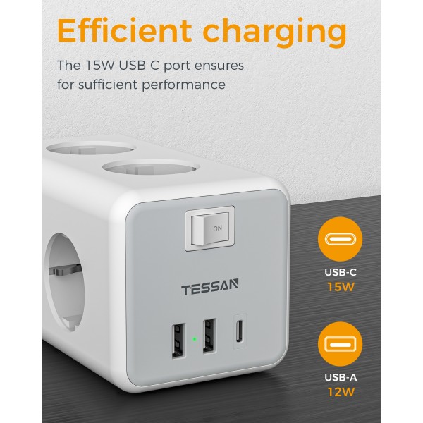 TESSAN 9 IN 1 CUBOID POWER STRIP 6xSCHUKO, 2xUSB, 1xTYPE-C, 2M CABLE