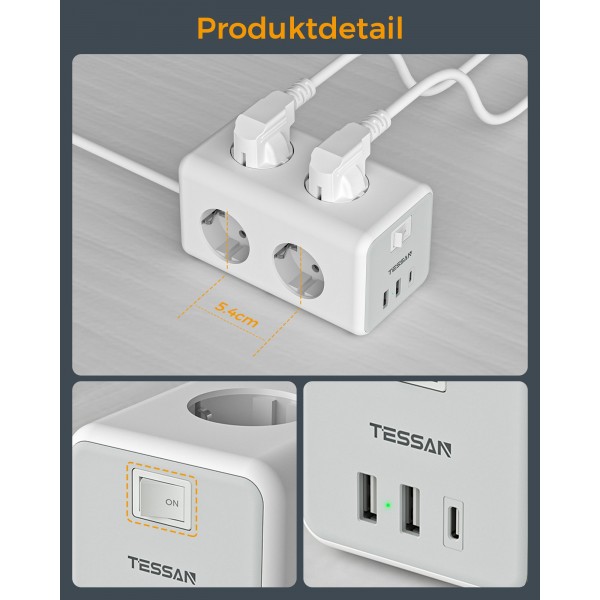 TESSAN 9 IN 1 CUBOID POWER STRIP 6xSCHUKO, 2xUSB, 1xTYPE-C, 2M CABLE