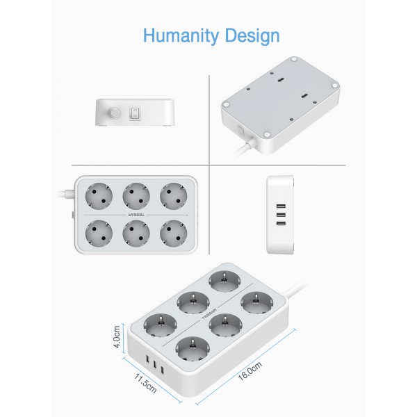 TESSAN 9 IN 1 POWER STRIP 6xSCHUKO, 3xUSB, 2M CABLE