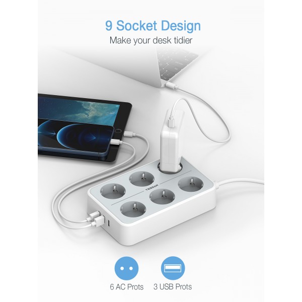 TESSAN 9 IN 1 POWER STRIP 6xSCHUKO, 3xUSB, 2M CABLE