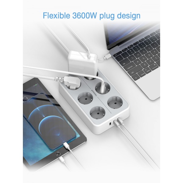 TESSAN 9 IN 1 POWER STRIP 6xSCHUKO, 3xUSB, 2M CABLE