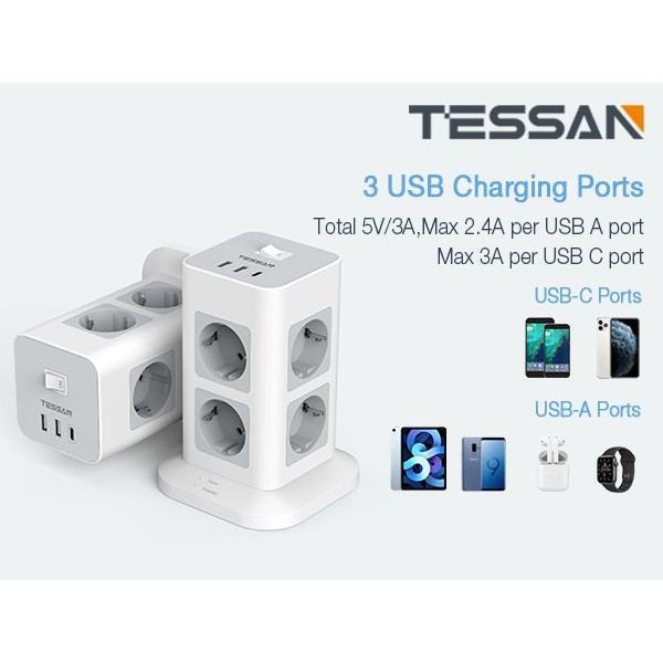 TESSAN 11 IN 1 TOWER SURGE PROTECTOR 8xSCHUKO, 2xUSB, 1xTYPE-C, 2M CABLE