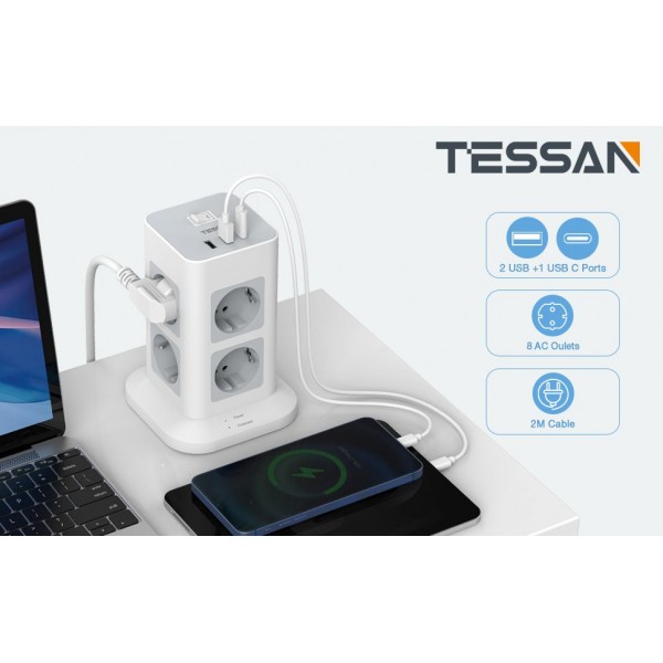 TESSAN 11 IN 1 TOWER SURGE PROTECTOR 8xSCHUKO, 2xUSB, 1xTYPE-C, 2M CABLE