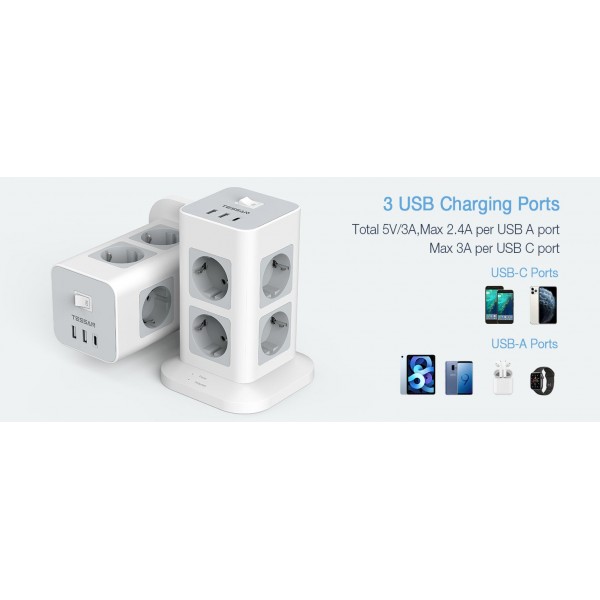 TESSAN 11 IN 1 TOWER SURGE PROTECTOR 8xSCHUKO, 2xUSB, 1xTYPE-C, 2M CABLE