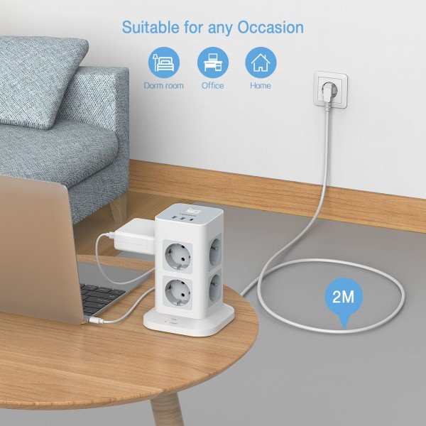 TESSAN 11 IN 1 TOWER SURGE PROTECTOR 8xSCHUKO, 2xUSB, 1xTYPE-C, 2M CABLE