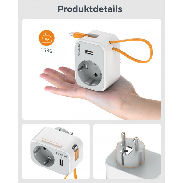 TESSAN 3 IN 1 WALL SOCKET 1xSCHUKO, 1xUSB, 1xTYPE-C CABLE 15CM