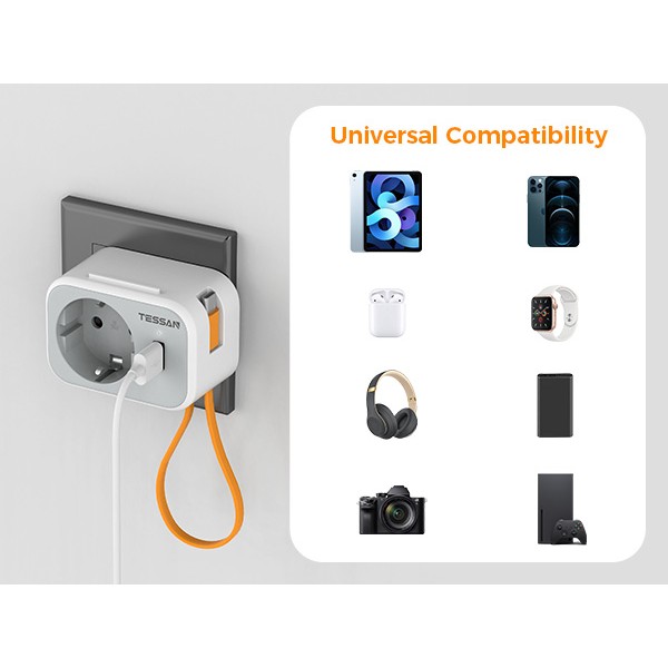 TESSAN 3 IN 1 WALL SOCKET 1xSCHUKO, 1xUSB, 1xTYPE-C CABLE 15CM