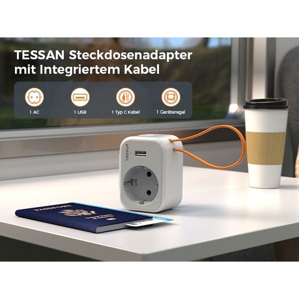 TESSAN 3 IN 1 WALL SOCKET 1xSCHUKO, 1xUSB, 1xTYPE-C CABLE 15CM