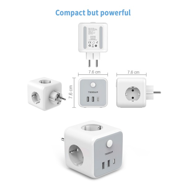 TESSAN 6 IN 1 POWERCUBE SOCKET 3xSCHUKO, 2xUSB, 1xTYPE-C