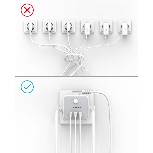 TESSAN 6 IN 1 POWERCUBE SOCKET 3xSCHUKO, 2xUSB, 1xTYPE-C