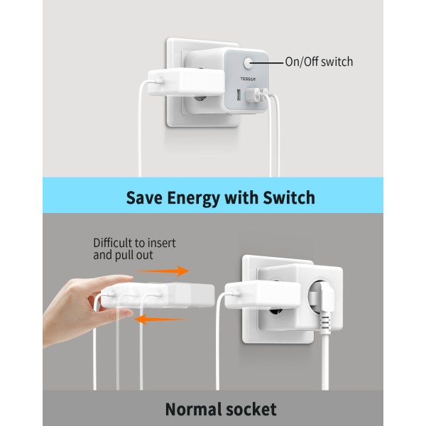 TESSAN 6 IN 1 POWERCUBE SOCKET 3xSCHUKO, 2xUSB, 1xTYPE-C