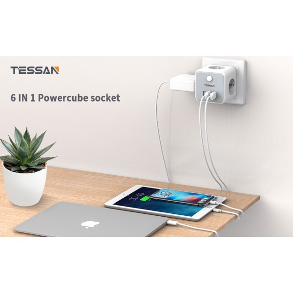 TESSAN 6 IN 1 POWERCUBE SOCKET 3xSCHUKO, 2xUSB, 1xTYPE-C