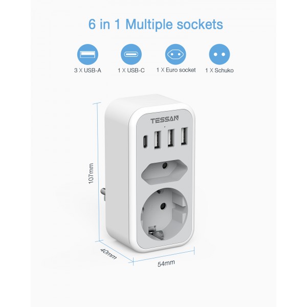 TESSAN 6 IN 1 WALL SOCKET 1xSCHUKO, 1xEU SOCKET ,3xUSB, 1xTYPE-C