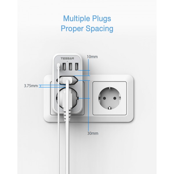 TESSAN 6 IN 1 WALL SOCKET 1xSCHUKO, 1xEU SOCKET ,3xUSB, 1xTYPE-C