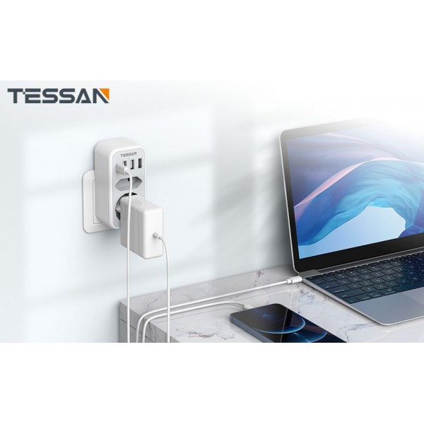 TESSAN 6 IN 1 WALL SOCKET 1xSCHUKO, 1xEU SOCKET ,3xUSB, 1xTYPE-C