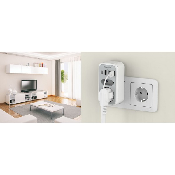 TESSAN 6 IN 1 WALL SOCKET 1xSCHUKO, 1xEU SOCKET ,3xUSB, 1xTYPE-C