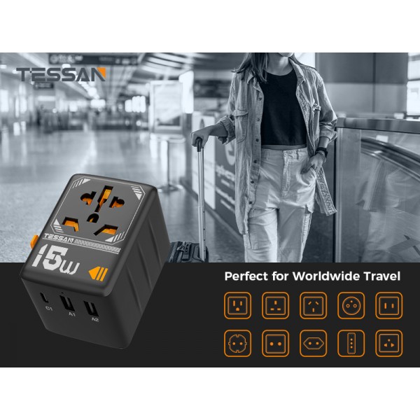 TESSAN UNIVERSAL TRAVEL ADAPTER 2xUSB, 1xTYPE-C MAX 15W