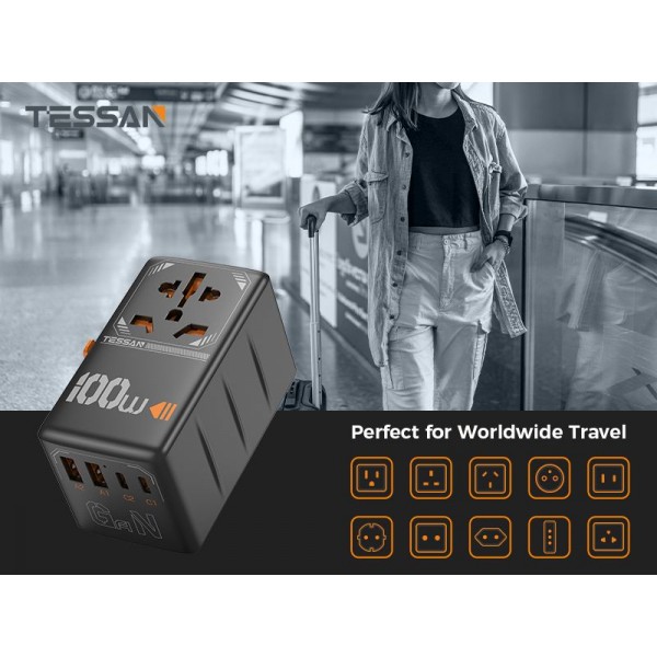 TESSAN GaN UNIVERSAL TRAVEL ADAPTER 2xUSB, 2xTYPE-C MAX 100W