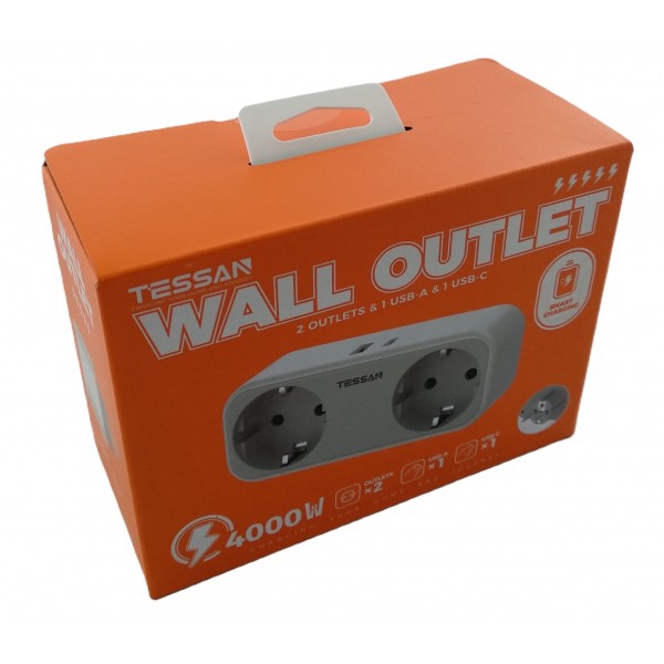 TESSAN 4 IN 1 WALL SOCKET 2xSCHUKO, 1xTYPE-C,1xUSB