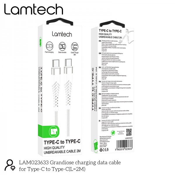 LAMTECH HQ UNBREAKABLE CABLE TYPE-C TO TYPE-C WHITE 2M