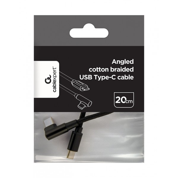 CABLEXPERT ANGLED COTTON BRAIDED USB TYPE-C MALE-MALE CHARGING & DATA CABLE 0.2M BLACK