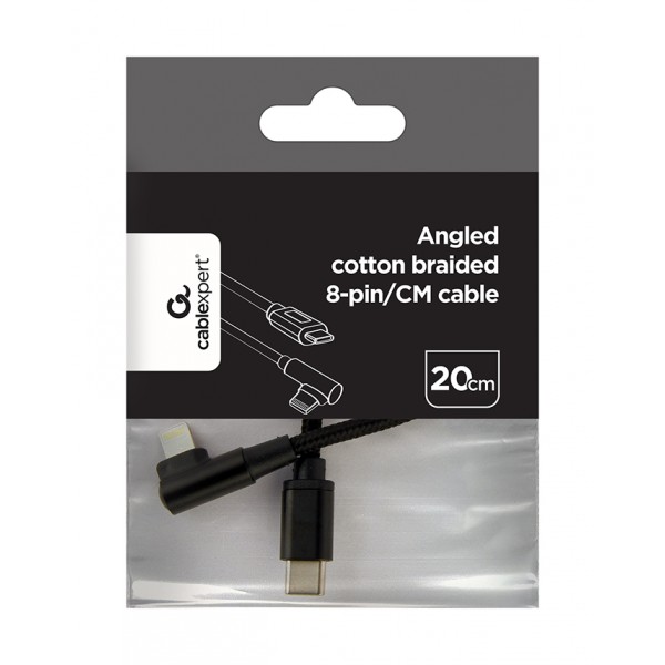 CABLEXPERT ANGLED COTTON BRAIDED 8-PIN USB CM-8PIN CHARGING & DATA CABLE 0.2M BLACK