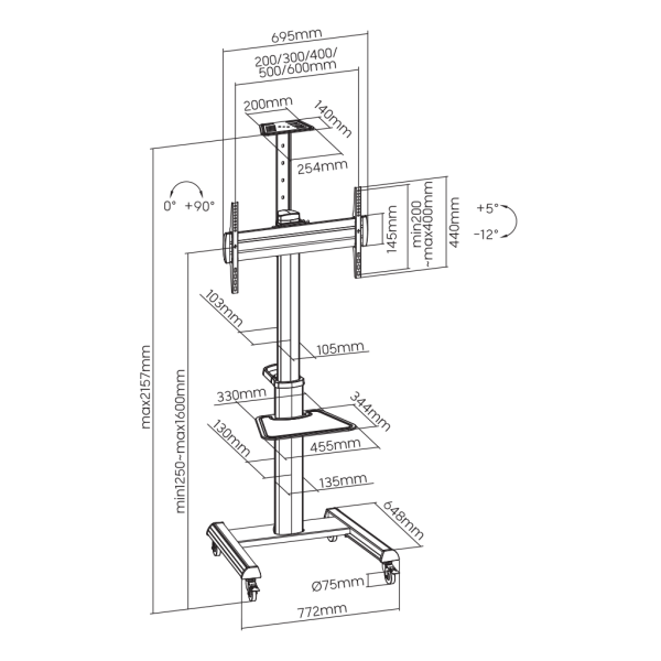 SBOX MOBILE FLOOR STAND 37'-70' / 94 - 178 cm VESA 600x400 MAX