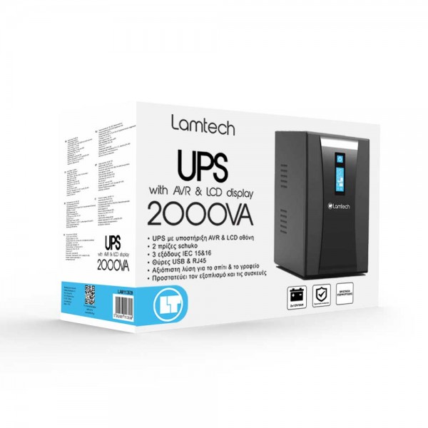 LAMTECH UPS WITH AVR AND LCD DISPLAY 2000VA, 2x12V/9AH, 2xSCHUKO, 3xIEC, USB & RJ45 PORT