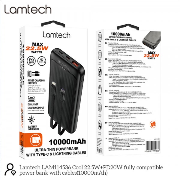 LAMTECH ULTRA-THIN POWERBANK WITH TYPE-C & LIGHTNING CABLES 10000mAh 22.5W BLACK