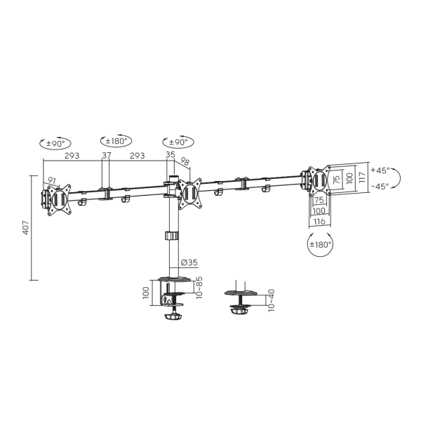 SBOX TABLE STAND FOR 3 MONITORS 17'-27' VESA 100x100 MAX