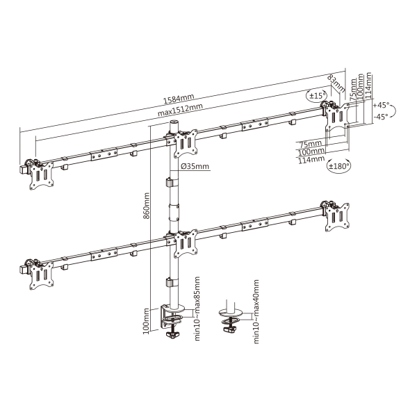 SBOX TABLE STAND FOR 6 MONITORS 17'-32' VESA 100x100 MAX