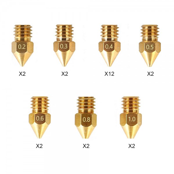 CREALITY MK8 Nozzles Kit (24 pcs) 0.2mm*2, 0.3mm *2, 0.4mm*12, 0.5mm*2, 0.6mm *2, 0.8mm*2, 1.0mm*2