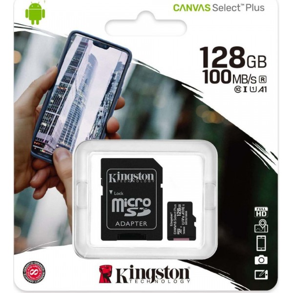 Kingston Κάρτα Μνήμης 128GB microSDXC Canvas Select Plus cl. 10 UHS-I 100 MB/s + Αντάπτορας Μαύρο SDCS2/128GB