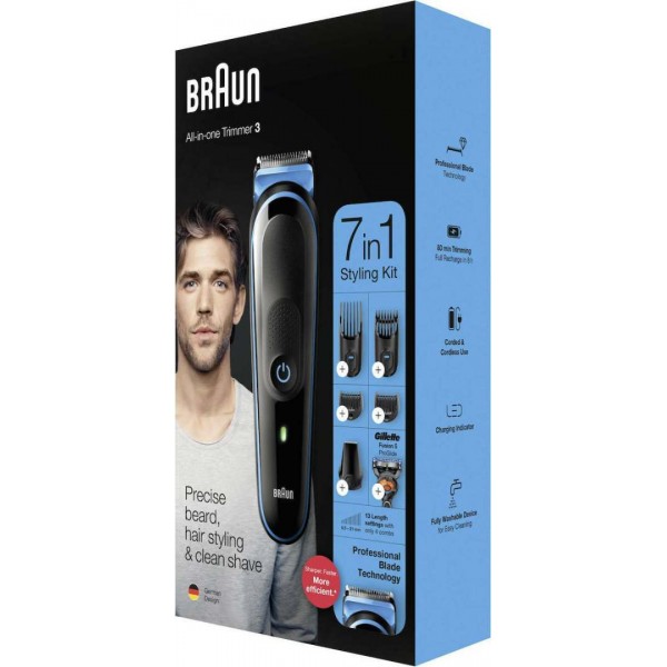 Braun All-In-One Trimmer 3 Επαναφορτιζόμενη Κουρευτική Μηχανή Μαύρο-Μπλε MGK3245