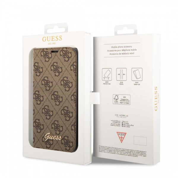 Guess “4G Logo Collection” Script Metal Logo Θήκη προστασίας από δερματίνη τύπου folio – iPhone 14 Plus (Καφέ) #GUBKP14MHG4SHW