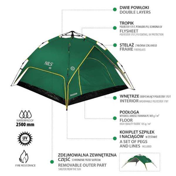 Σκηνή Camping 3 Ατόμων NC7819 Πράσινη TENT SHADOW