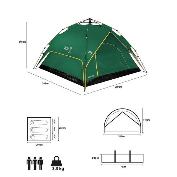 Σκηνή Camping 3 Ατόμων NC7819 Πράσινη TENT SHADOW