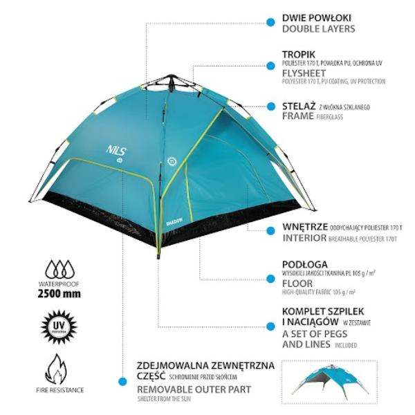 Σκηνή Camping 3 Ατόμων NC7819 Μπλε TENT SHADOW